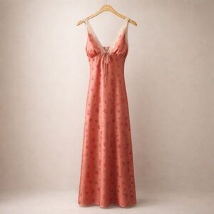 WILDFABLE Satin Floral Slip Dress Lace Trim Maxi Nightgown XS